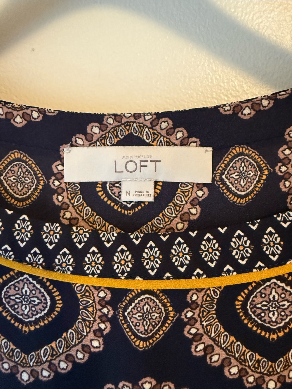 LOFT Navy Printed Blouse with Mustard Trim Size Medium
